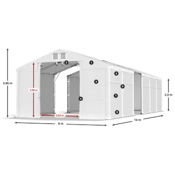 Zahradní stan Skladový stan 8x14x2,5m střecha PVC 580g/m2 boky PVC 500g/m2 konstrukce POLÁRNÍ Bílá Bílá Bílá