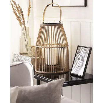 Lucerna Lucerna béžové bambusové dřevo 32 cm se skleněným držákem Boho Style pro vnitřní i venkovní použití Beliani