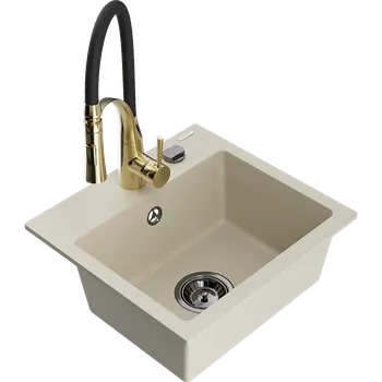Granitový dřez Mexen Milo granitový dřez 1-komorový s kuchyňskou baterií Aster, béžový - 6505-69-73450-57-B Granitové dřezy s baterií