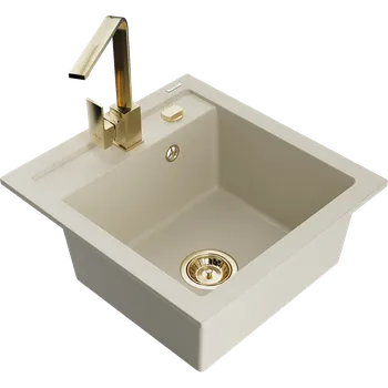 Granitový dřez Mexen Vito granitový dřez 1-komorový s kuchyňskou baterií Rita, béžový - 6503-69-670300-50 Granitové dřezy s baterií