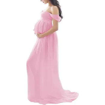 Dámské šaty Dlouhé šaty se spadlými rameny na těhotenské focení (10 barevných variant) Barva: Růžová, Velikost: M