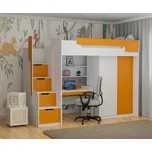Vyvýšená postel DORY I včetně úložného prostoru, psacího stolu, šatní skříně a police (Oranžová)