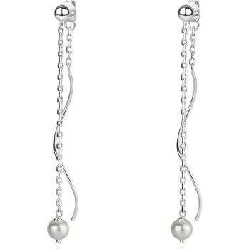 Náušnice Stříbrné 925 náušnice - bílá sladkovodní perla na řetízku, vlnka