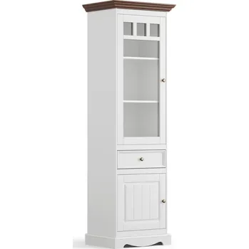 Knihovna Massivo.cz Vitrína Belluno Elegante, úzká, dekor bílá | ořech, masiv, borovice - LEVÁ