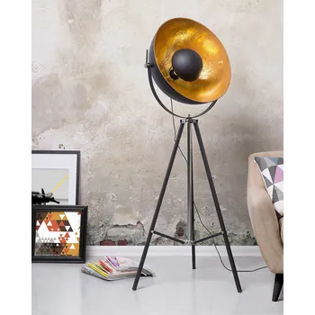 Stojací lampa Stojací lampa černá a zlatá kovová 165 cm vzhled světlometu nastavitelné stínítko třínohý kabel s vypínačem průmyslového designu Beliani