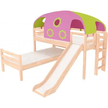 Zvýšená domečková postel elko posuvná, stan, zábrana A, buk cink