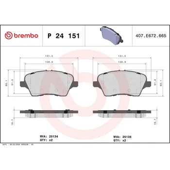 Brzdová destička Sada brzdových destiček, kotoučová brzda BREMBO P 24 151