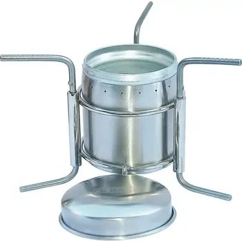 Turistický vařič Vařič SPIRITUS se stojanem Commando (Malý turistický skládací nerezový vařič na tekutý líh tzv. vařík, pracující na principu hoření odpařovaného kapalného paliva.)