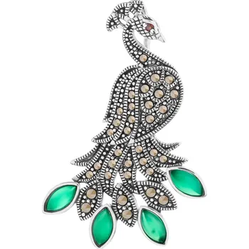 Brož Stříbrná brož přívěsek s markasity a acháty - páv - AP537-7904