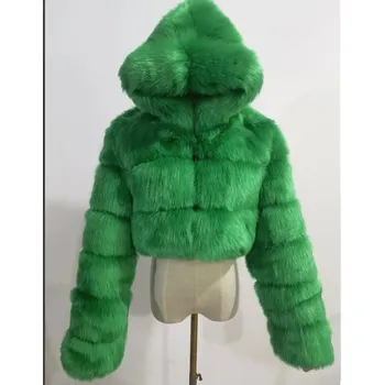 Dámský kožich Dámský crop kožich s kapucí Barva: Zelená, Velikost: 4XL
