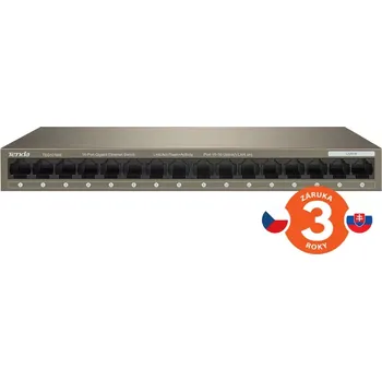 Switch Tenda TEG1016M 16-port Gigabit Switch, 16x 10/100/1000 Mb/s, Fanless, MAC 8K, napájení AC/DC, i zeď
