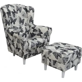 Křeslo Křeslo ušák ASTRID s taburetem, butterfly 1 šedá s bílou/bílá