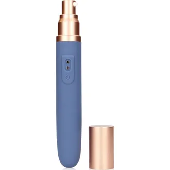 Vibrátor Shots Loveline Travel Vibrator with Lube Compartment and Pump Blue Horizon, silikonový vibrátor s dávkovačem lubrikantu 18,3 x 2,7 cm