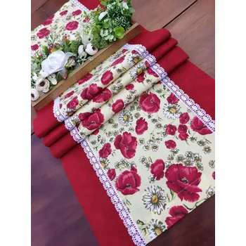 ubrus Běhoun - vlčí máky na žluté s červeným mramorem