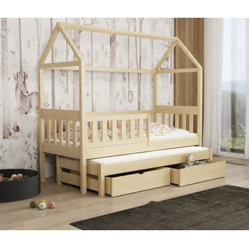 Dětská postel Dětská domečková postel z masivu borovice REVOLUT s přistýlkou a šuplíky - 200x90 cm - přírodní borovice