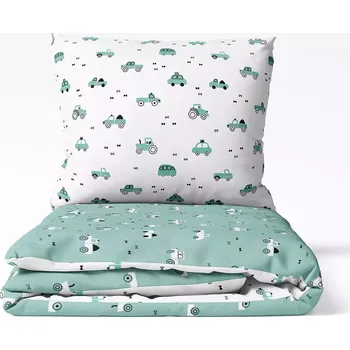 Povlečení Škodák Dětské bavlněné povlečení - zelená a bílá autíčka vende - do postýlky 90x140+40x60