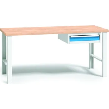 Dílenský stůl B2B Partner Pracovní stůl do dílny WL se závěsným boxem na nářadí, buková spárovka, 1 zásuvka, pevné kovové nohy, 1500 mm