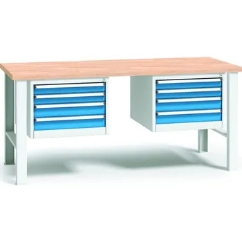 Dílna B2B Partner Pracovní stůl do dílny WL se 2 závěsnými boxy na nářadí, buková spárovka, 8 zásuvek, pevné kovové nohy, 2000 mm