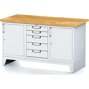 Dílenský stůl Alfa 3 Dílenský stůl MECHANIC I, 2 skříňky a zásuvkový box na nářadí, 5 zásuvek, 1500x685x880 mm, šedé dveře