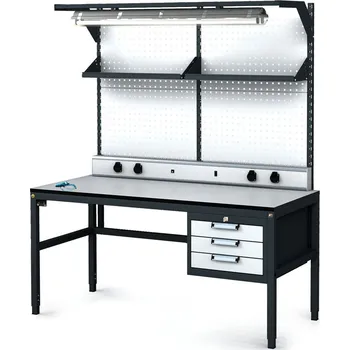 Dílenský stůl Alfa 3 Antistatický dílenský ESD stůl, perfopanel, police, osvětlení, 3 zásuvkový box na nářadí, 1600x800x745-985 mm