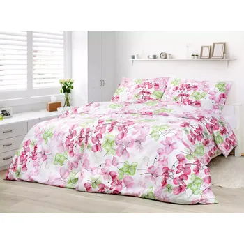 Povlečení Bavlněné povlečení - růžovo-zelený květ na bílé 140x200+70x90