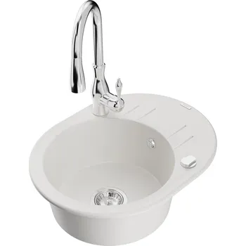 Mexen Kevin 1-miskový granit dřez s odkapem a baterií Savita, bílá 6517-20-672601-00