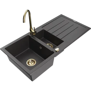 Granitový dřez Mexen Andres granitový dřez 1,5-komorový s odkapávačem a kuchyňskou baterií Telma, černý skvrnitý - 6515-76-670200-50 Granitové dřezy s baterií