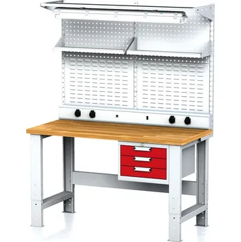 Dílenský stůl Alfa 3 Nastavitelný dílenský stůl MECHANIC I + závěsný box, nástavba, police, el. zásuvky a osvětlení, 3 zásuvky, 1500x685x700-1055 mm, červené