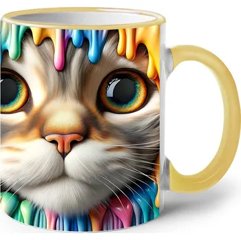 Keramický hrnek s kočičkou, Barva Žlutá, Velikost 330 ml, Canvas Keramický hrnek s barevným uchem 2596