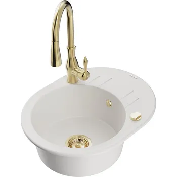 Kuchyňský dřez Mexen Kevin 1-miskový granit dřez s odkapem a baterií Savita, bílá 6517-20-672601-50