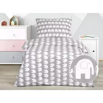 Povlečení Dětské bavlněné povlečení - bílí sloni na šedé 140x200+70x90