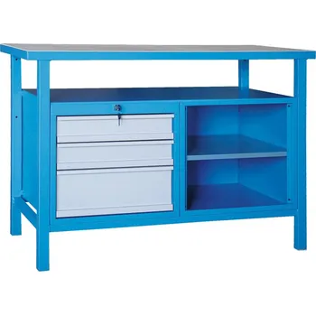 Dílenský stůl B2B Partner Dílenský pracovní stůl GD, smrk + buková překližka, 3 zásuvky, 1 police, 1190 x 600 x 850 mm, modrá