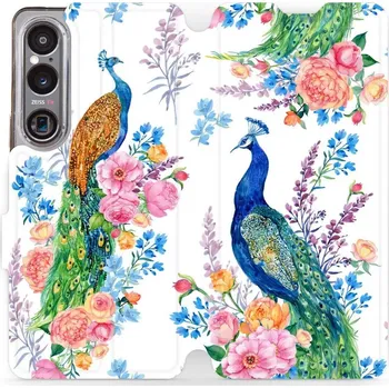 Pouzdro na mobilní telefon Flipové pouzdro Mobiwear - Sony Xperia 1 VI - MX08S Pávi (Knížkové flip pouzdro, obal, kryt na mobil Sony Xperia 1 VI - MX08S Pávi, materiál Umělá kůže + TPU - ochrana 360°, stojánek, silikonová vanička, magnetické zavírání)