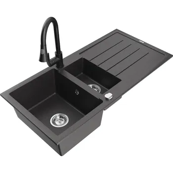 Granitový dřez Mexen Andres 1,5 granit dřez s odkapem a baterií Elia, černá 6515-76-670101-70