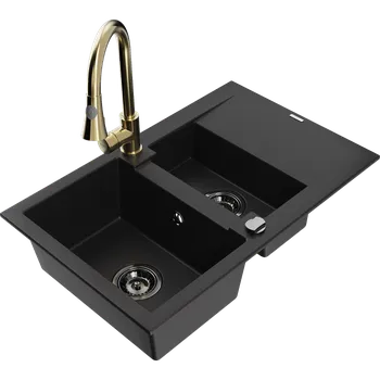 Granitový dřez Mexen Gaspar kuchyňský dřez z granitu 1,5-komorový s odkapávačem a kuchyňskou baterií Elia, černý - 6507-77-670101-50-B Granitové dřezy s baterií