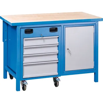 Dílenský stůl Güde Dílenský pracovní stůl GD s pojízdným boxem na nářadí, 4 zásuvky, 1 skříňka, 1190 x 600 x 850 mm, modrá