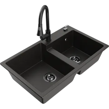 Granitový dřez Mexen Tomas dvoukomorový granitový dřez s kuchyňskou baterií Elia, černý/zlatý metalik - 6516-75-670101-70-B Granitové dřezy s baterií