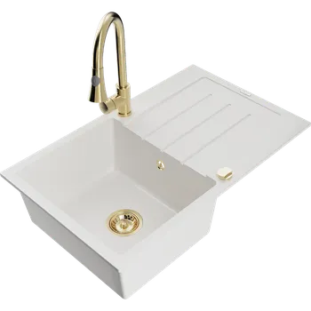 Granitový dřez Mexen Bruno granitový jednodřez s odkapávačem a kuchyňskou baterií Elia, bílý - 6513-20-670101-50 Granitové dřezy s baterií