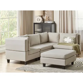 Pohovka Modulární rohová pohovka světle béžové látkové čalounění 4místná levostranná s taburetem moderní styl obývací pokoj Beliani