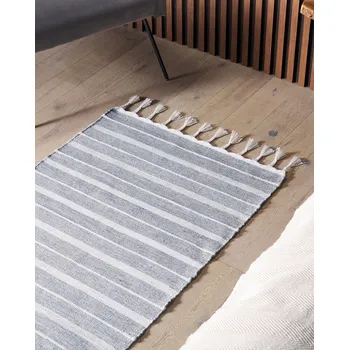 Bytový textil Koberec šedý a bílý syntetický materiál 80 x 150 cm pruhovaný vzor moderní styl obývací pokoj ložnice Beliani