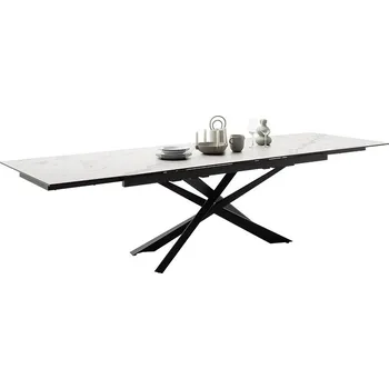 Jídelní stůl Rozkládací jídelní stůl TESERO keramika mramor krémový, podnož černá matná