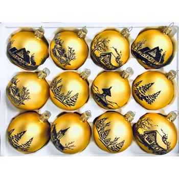 Vánoční ozdoba Irisa Kouzelná sada skleněných vánočních ozdob - Zlatá vesnička v zimě ( Sada 12ks,Velikost 7cm) Velikost: 7 cm, Balení: 12ks, Barva: zlatá