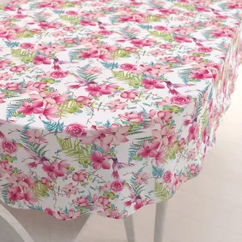 ubrus Bavlněný oválný ubrus Sandra SA-493 Kolibříci s růžovými květy na bílém 50x100 cm