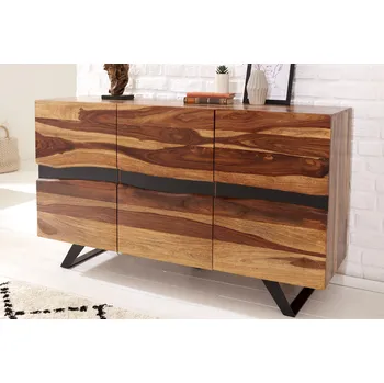 Příborník do zásuvky Moderní masivní hnědý třídveřový příborník Amazonas ze sheeshamového dřeva s naturálním okrajem stromu 148 cm