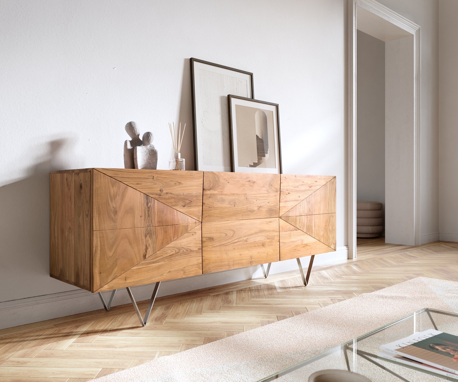 DELIFE Designová komoda Wyatt 175 cm 3D vzhled uprostřed akácie přírodní nerezová ocel