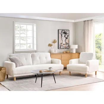 Pohovka Buklé pohovka 3místná bílá čalouněná moderní nábytek do obývacího pokoje retro styl sedací souprava Beliani