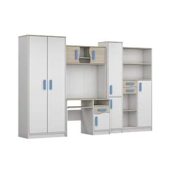 Dětský pokoj IDZ Sestava nábytku do dětského pokoje MACIUS, 300 cm Bílá + Dub Sonoma / Barevné úchytky Barva: Modrá