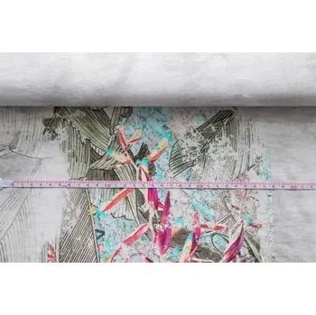 Metrový textil - Úplet Vis/Ly PANEL KHAKI TISK BAREVNÝ - látka na halenky a trička - Khaki+tyrkys, 160 cm