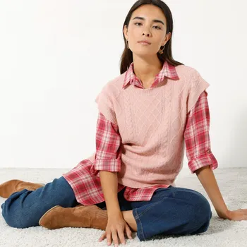 Dámská vesta Blancheporte Pulovrová vesta s copánkovým vzorem růžová pudrová 42/44