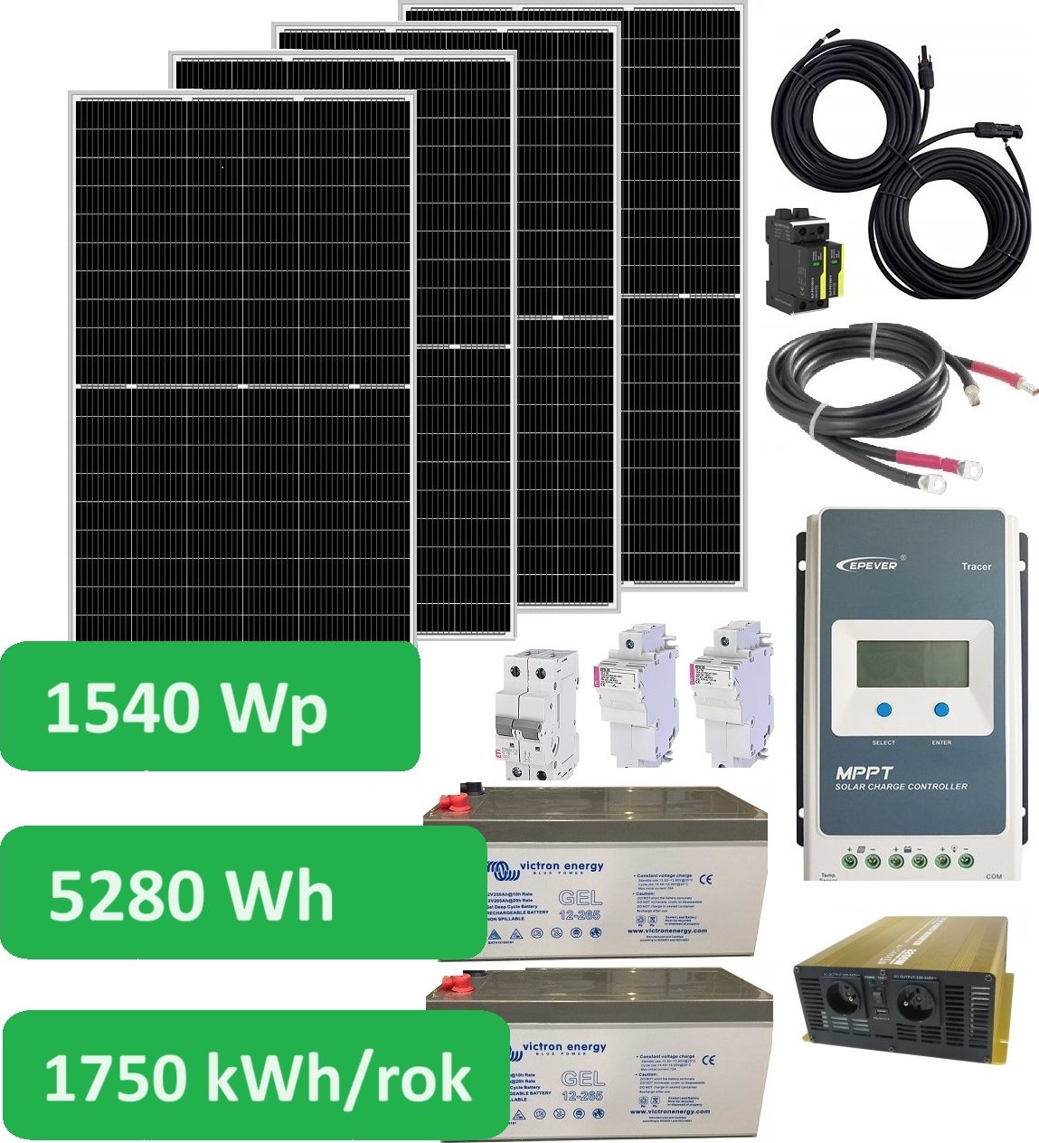 Ostrovní solární set Sunset 230V 50Hz 1540Wp, 1750kWh/rok, akumulátor 2x12V/220Ah 5280Wh, WiFi monitoring (Solární sestava 230V/1540Wp s baterií o výkonu 5280Wh)